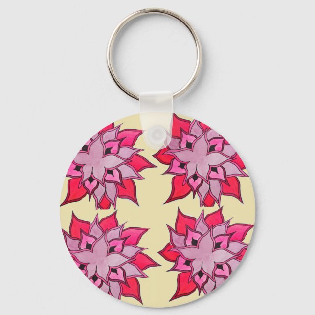 Pink flower art floral pattern keychain (Front)