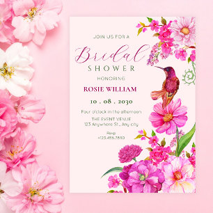 Pink flower art hummingbird bridal shower invitation