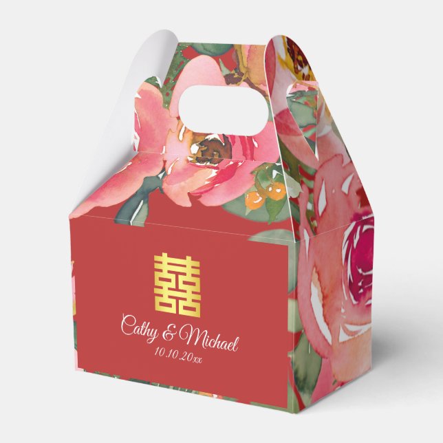Pink flower background double happiness symbol favor box (Front Side)