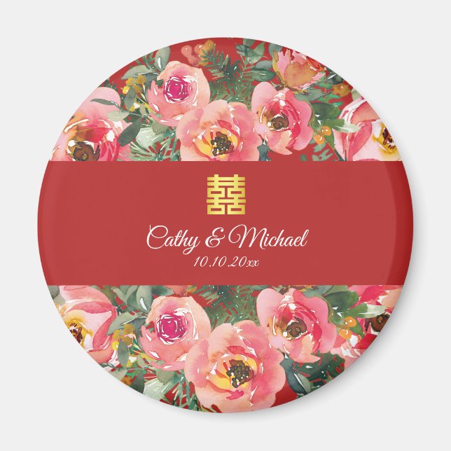 Pink flower background double happiness symbol magnet (Front)