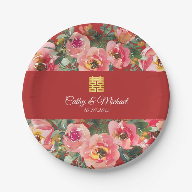 Pink flower background double happiness symbol paper plate (Front)