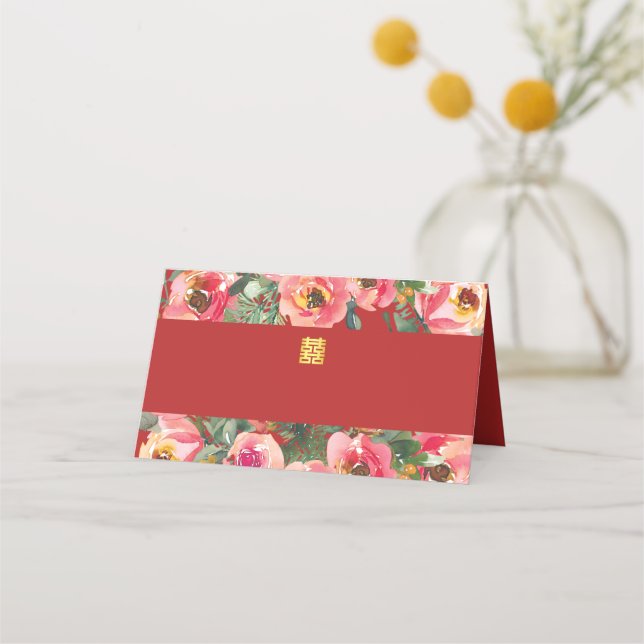 Pink flower background double happiness symbol place card (Front)