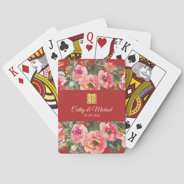 Pink flower background double happiness symbol playing cards (Back)