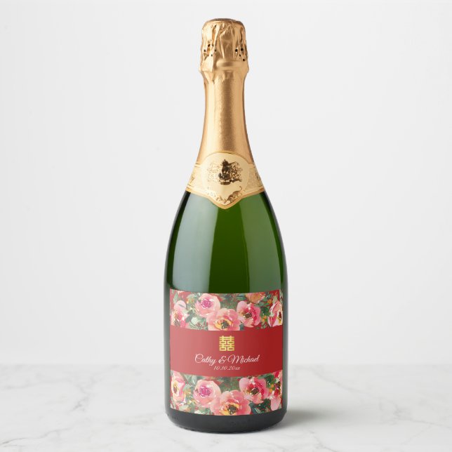Pink flower background double happiness symbol sparkling wine label (Front)