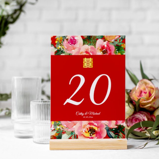 Pink flower background double happiness symbol table number (Creator Uploaded)