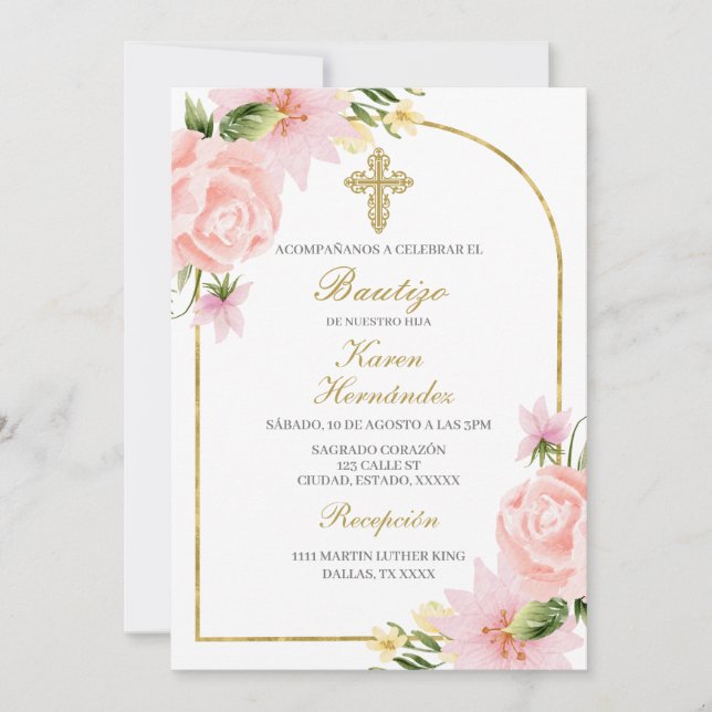 Pink Flower Baptism Spanish Invitation (Front)
