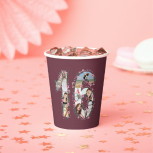 Pink Flower Big 16th Birthday Girl Photo Collage Paper Cups