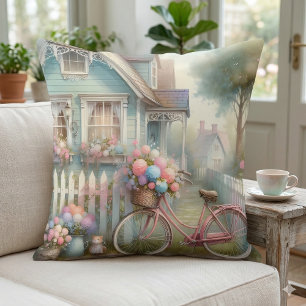 Pink Flower Bike at Blue Cottage Gate Throw Pillow