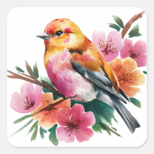 Pink Flower Bird Square Sticker