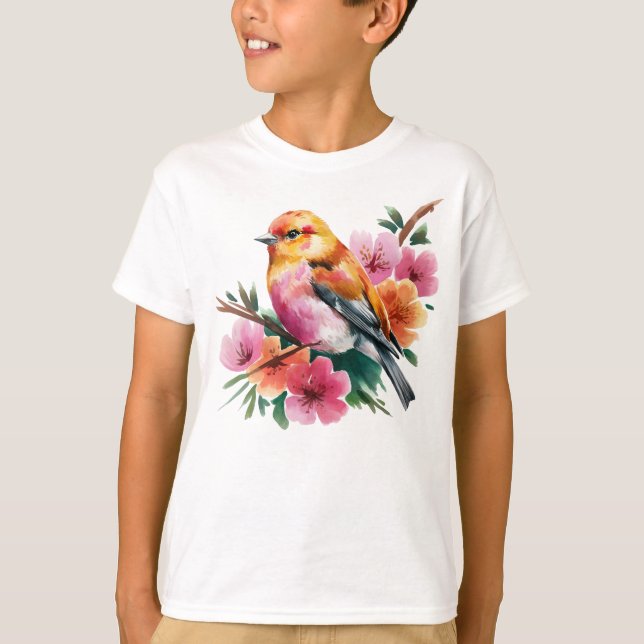 Pink Flower Bird T-Shirt (Front)