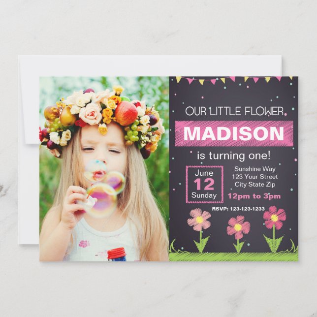 Pink Flower Birthday Invitation with photo (Front)