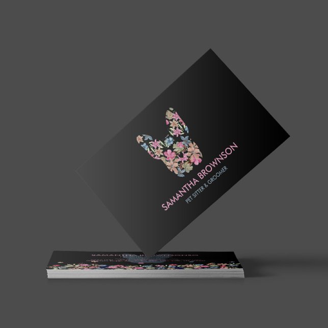 Pink Flower Black French BullDog Business Card (Creator Uploaded)
