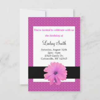 Pink Flower Black Ribbon Birthday Invitation