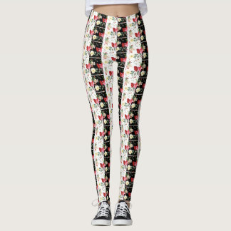Pink flower black & white Striped  Leggings