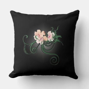 Pink Flower Blossoms on a Black Background Throw Pillow