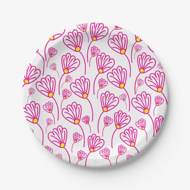 Pink Flower Boho Floral Paper Plate (Front)