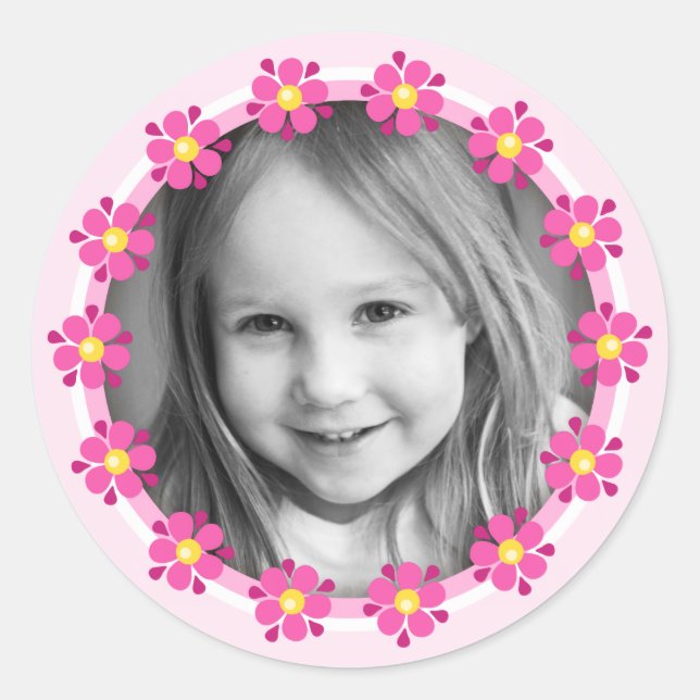 Pink flower border photo frame custom photograph classic round sticker (Front)