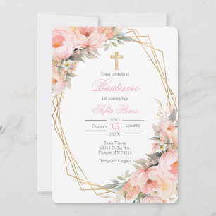 Pink flower bouquet Baptism in Spanish Invitation