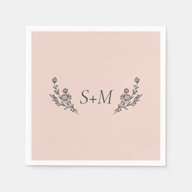 Pink Flower Bouquet Leaf Monogram Wedding Napkin (Front)