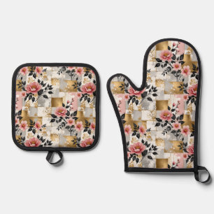 Pink Flower Bouquets with Gold and White Squares Oven Mitt & Pot Holder Set