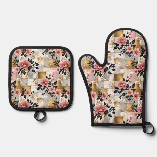 Pink Flower Bouquets with Gold and White Squares Oven Mitt & Pot Holder Set (Front)