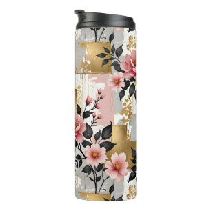 Pink Flower Bouquets with Gold and White Squares Thermal Tumbler