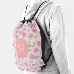 Pink Flower Buds and Leaves Monogrammed Drawstring Bag