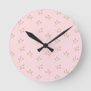 Pink Flower Buds Green Stem Floral Spring Round Clock