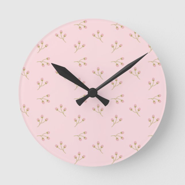 Pink Flower Buds Green Stem Floral Spring Round Clock (Front)