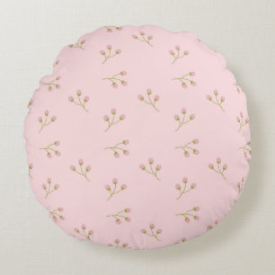 Pink Flower Buds Green Stem Floral Spring Round Pillow