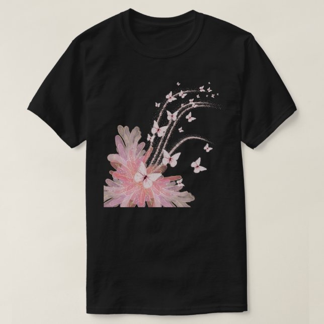 Pink Flower Butterflies illustration T-Shirt (Design Front)