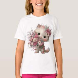 “Pink Flower Cat” Cute Kitten T‑Shirt T-Shirt