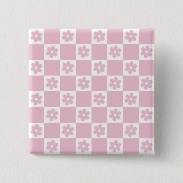 Pink Flower checked pattern 2 Inch Square Button (Front)