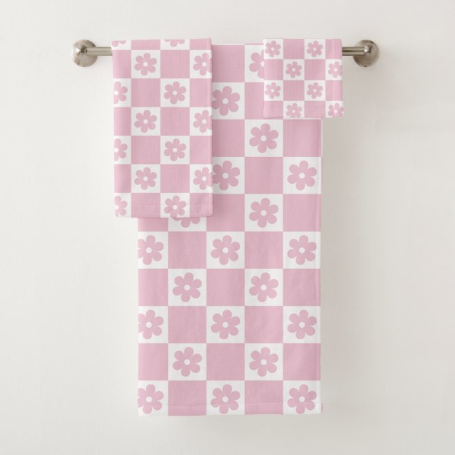 Pink Flower checked pattern Bath Towel Set (Insitu)