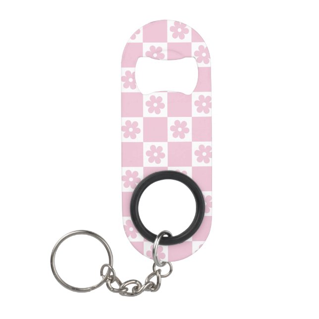 Pink Flower checked pattern Keychain Bottle Opener (Front)
