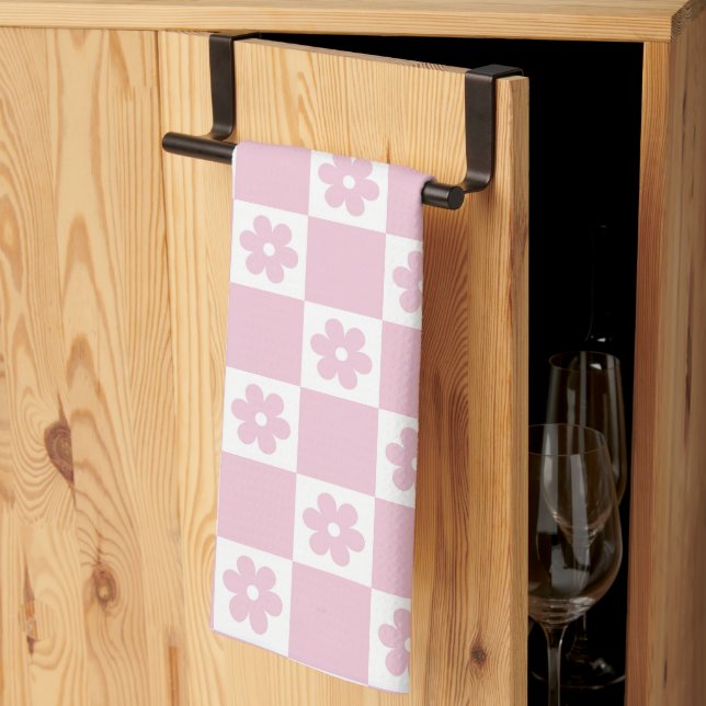 Pink Flower checked pattern Kitchen Towel (Thirds Fold)