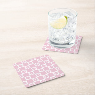 Pink Flower checked pattern Square Paper Coaster