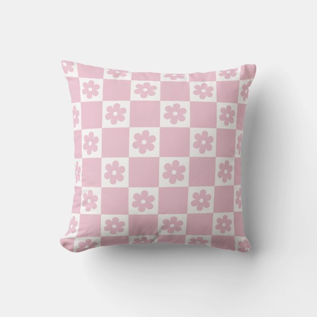 Pink Flower checked pattern Throw Pillow (Front)