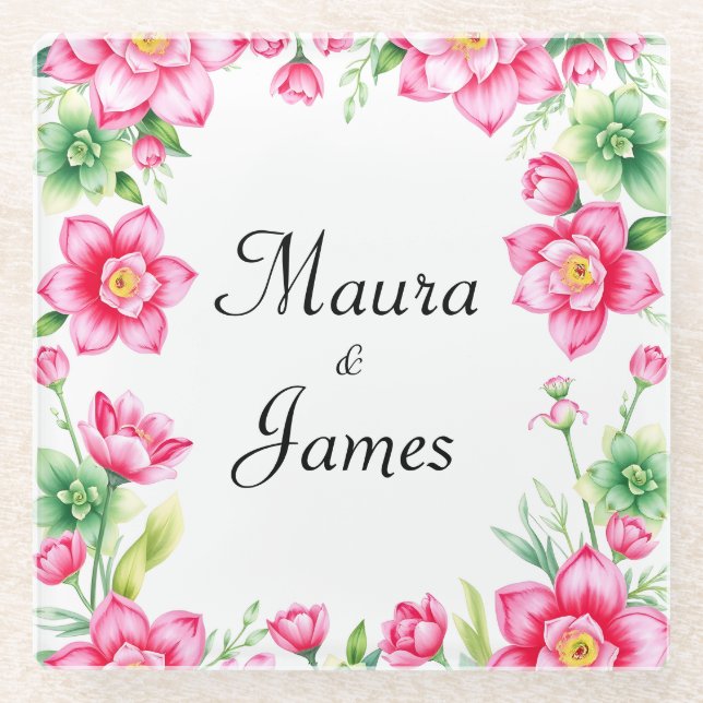 Pink Flower Coaster Glass Coaster (Front)