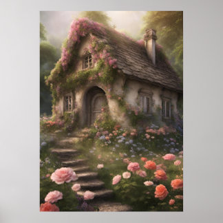 Pink Flower Cottage Poster