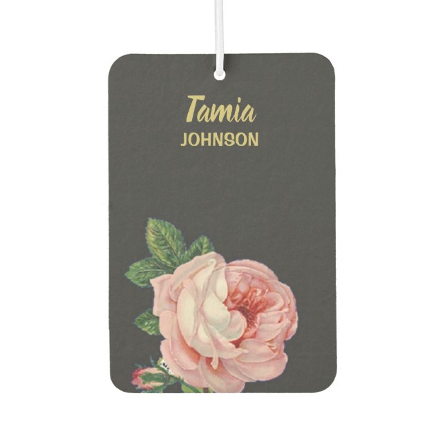 Pink flower custom name grey air freshener (Front)