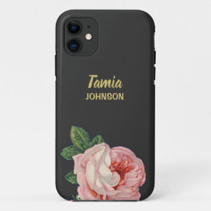 Pink flower custom name grey iPhone 11 case