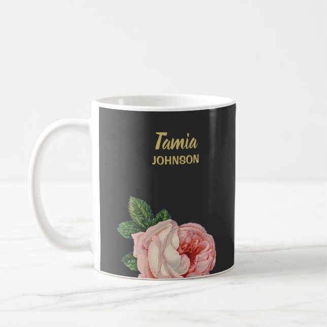 Pink flower custom name grey coffee mug (Left)