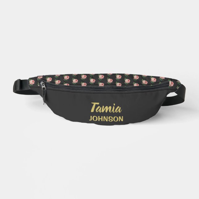 Pink flower custom name grey fanny pack (Front)