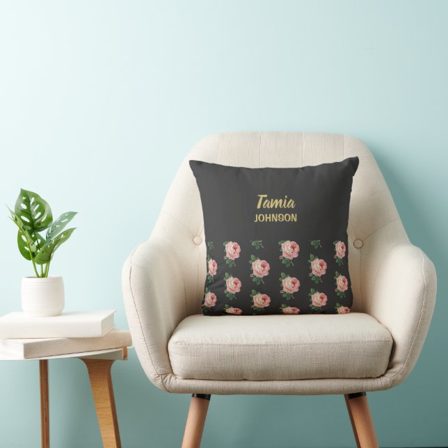 Pink flower custom name grey throw pillow (Chair)