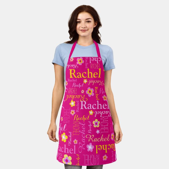 Pink flower custom name short name Rachel Apron (Worn)