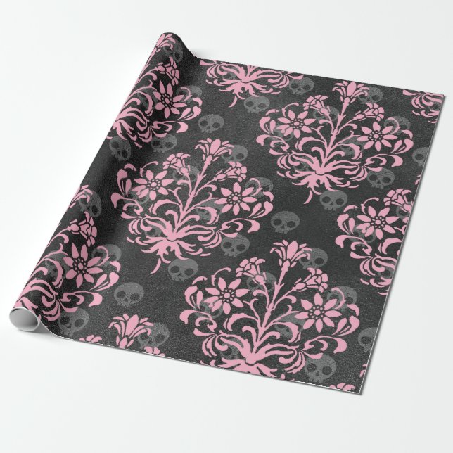Pink Flower Damask with Skulls on Grey Wrapping Paper (Unrolled)