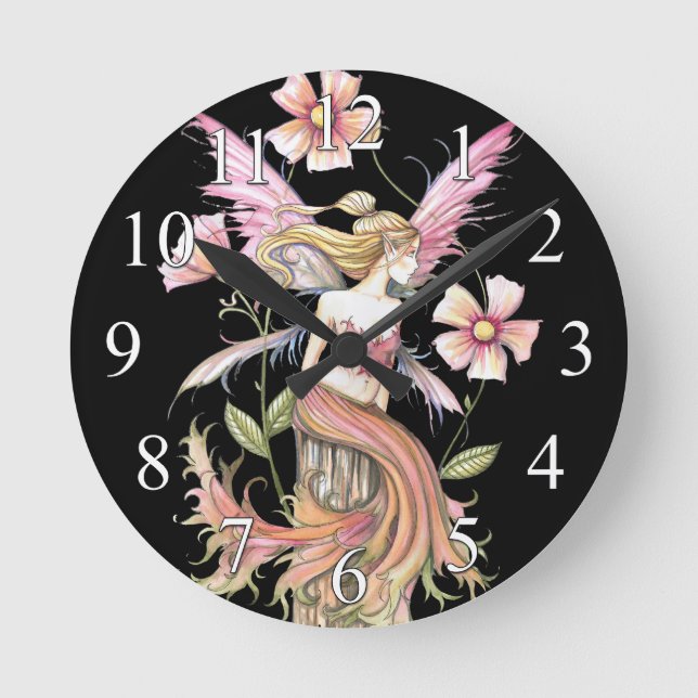 Pink Flower Fairy Fantasy Art Clock (Front)