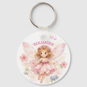 Pink Flower Fairy with Custom Name and Inspiration Keychain