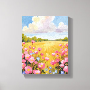 Pink Flower Field Landscape Painting Canvas Print